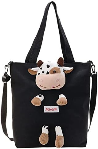 Bolsa de lona com alças e zíper, bolsa de vaca adorável para garotas desenho animado de grande capacidade para uma bolsa de