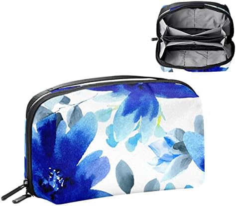 Bolsa de cosméticos, bolsas de maquiagem espaçosas adoráveis ​​viajam com flores azuis aquarelas Bolsa de higiene saco de acessórios