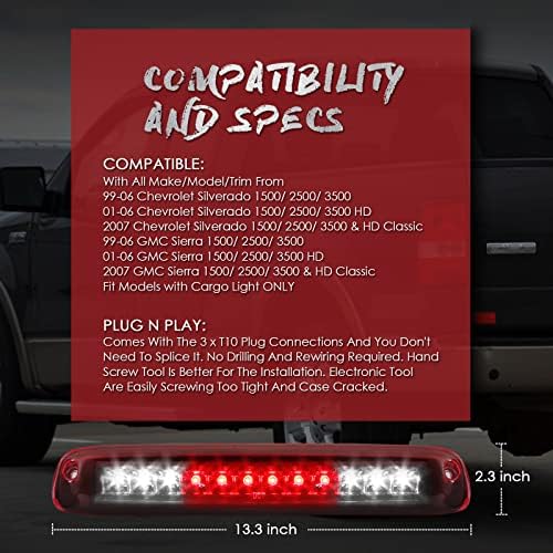 Alta parada de parada Terceira luz de freio, compatível com 1999-2006 Chevrolet Silverado 1500 2500 3500 e HD Classic Terceiro Carga central traseira traseira LED 3ª barra de luz de freio