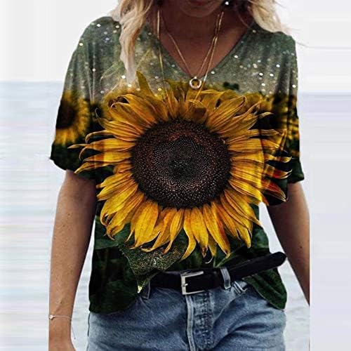 Ladies v pescoço impressão botânica Top topo solto de verão Moda curta Camiseta Top ioga camisa para mulheres