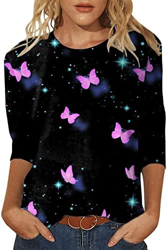 Camisas femininas Med Fomens diariamente Butterfly Print O pescoço de pescoço de três quartos de manga de manga