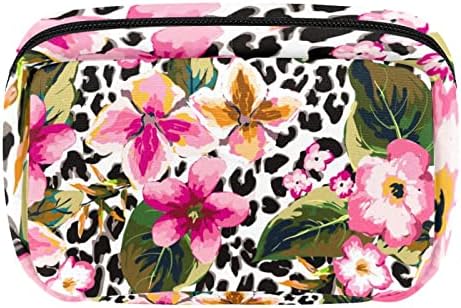 Bolsa de maquiagem inadequada, flor tropical com cenário de fundo de fundo de leopardo Bolsa de cosméticos portátil Tote de viagem