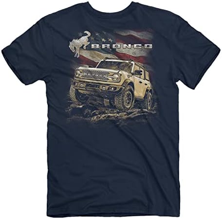 Bronco Ford Off Road Flag Men's Short Manga Camiseta | Bandeira americana, design off-road para os amantes dos EUA | algodão, marinha
