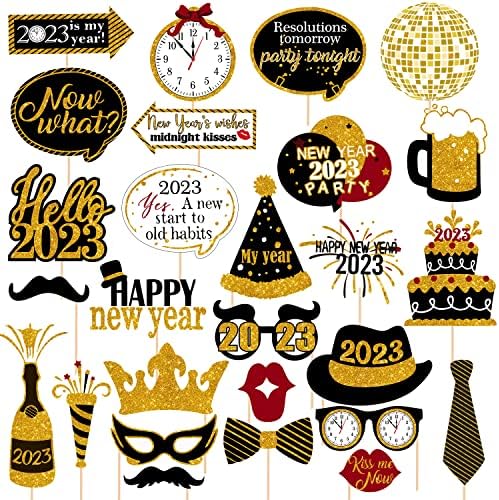 27 PCs Ano Novo Véspera Photo Booth Props-2023 Photo Booth adereços, material de véspera de ano novo 2023, Feliz Ano Novo Decorações 2023 por Indian Collectible