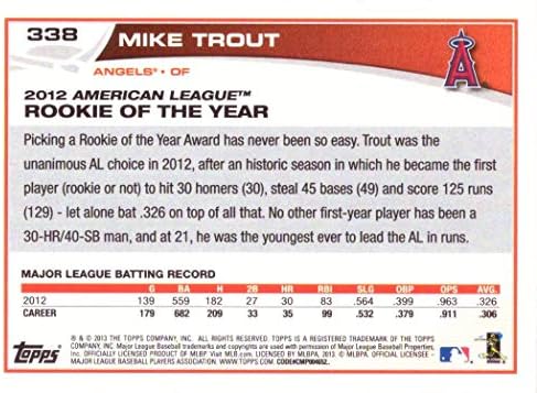 2013 TOPPS #338 Mike Trout Baseball Card - Veja o prêmio de estreante do ano de 2012