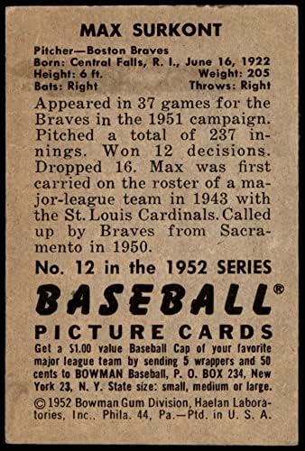 1952 Bowman # 12 Max Surkont Boston Braves VG/Ex+ Braves