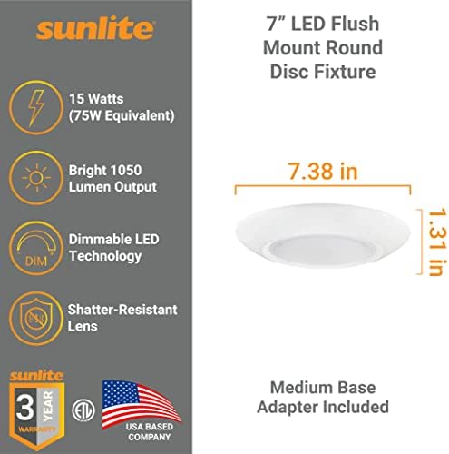 Sunlite 87744 4 ”LED ROUNT ROUNT ROUNTE DISCO, 15 watts, temperatura de cor Ajustável, 1050 lúmens, 35.000 horas de vida útil, adaptação ou montagem J-box, ETL listada, estrela de energia, branco, branco