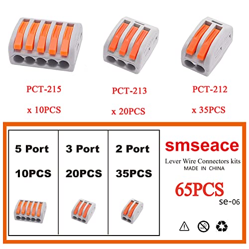 Kit de conectores de fio de alavanca de alavanca SMSEACE 65pcs, 2 3 5 Conectores de alavanca de porta Porca Condutores Compacto