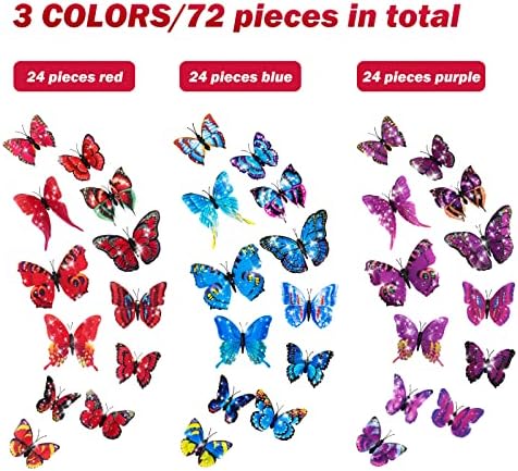 72pcs Design brilhante Adesivos de parede de borboleta - Nature 3D Double Wings Designs - Decalques murais removíveis