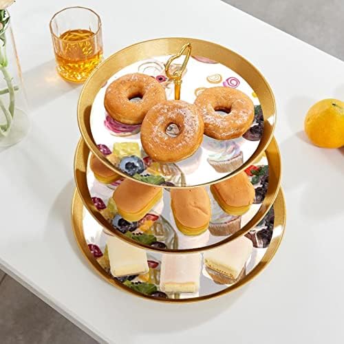 3 Placa de fruta de cupcake de 3 camadas de sobremesa Plástico para servir suporte de exibição para casamento de aniversário Decorações de chá de chá de chá de bebê redondo, sobremesa em estilo de aquarela