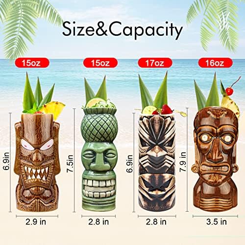 Copos tiki para coquetéis canecas tiki conjunto de 4 xícaras de festas de cerâmica decoração de bar de barra criativo