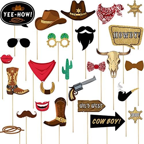 26 peças kit de adereços de cabine de capa de cowboy oeste, decorações de festas ocidentais adereços de selfie para o western cowboy tema feste suprimentos