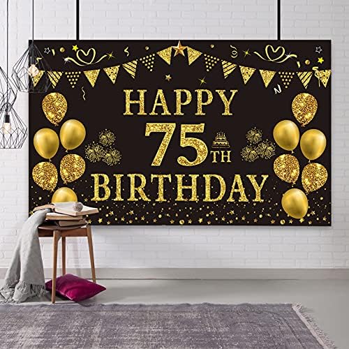 TRGOWAUL 75º Aniversário Decorações Conjunto: Inclui Banner de Branco de Aniversário de ouro preto 5,9 x 3,6 fts, ouro preto de volta em 1948 Poster de aniversário Sinal de tabela acrílica com suporte