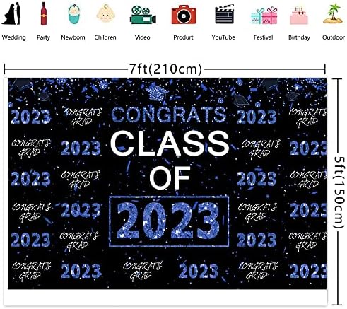 Ticuenicoa 7x5ft azul real 2023 Partem de formatura Balloons Gold Balloons Classe de 2023 Parabéns Graduação Caso -pano de fundo Parabéns Anterior