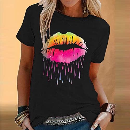 Girls 2023 Boat Neck Rainbow Lips Graphic Fit Fit Relaxed Fit Blouse Sexy Blusa de manga curta para mulheres