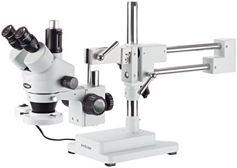 Microscópio de zoom estéreo trinocular profissional SM-4T-FRL, Microscópio de Zoom, oculares WH10X, ampliação 7x-45x, objetivo do zoom 0,7x-4,5x, luz de anel fluorescente de 8w, suporte de braço duplo, 110v-120V