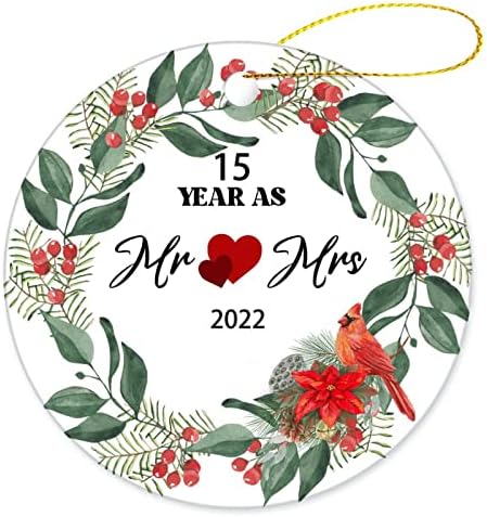 15 anos como Sr. e Sra. 2022 Ornamentos pendurados Birds Red Sublimation Ornamentos pendurados em árvore de Natal Decorações redondas de redondos Presente enviado de nós