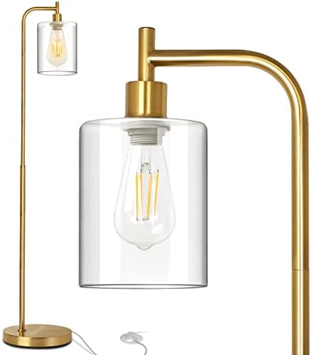 Lâmpada de piso industrial de ouro, lâmpada de parada de elizabeth vintage com lâmpada e26 e tonalidade de vidro transparente pendurado,