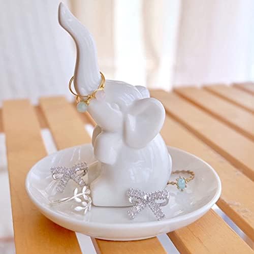Punto do anel de cerâmica Organizador de prato de anel de elefante branco para brincar com bracelete de joias estátua de elefante estátua
