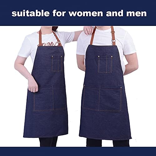 Avental de jeans para mulheres e homens, cozinha chef fazendo churrasco de cozinha, com avental de vários bolsos do babador ajustável