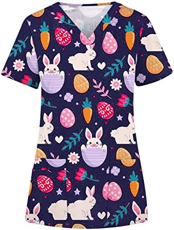 Womens 2023 T camisetas de páscoa impressão de coelho Tops de verão Manga curta V Camiseta de uniforme de trabalho de trabalho Blusa