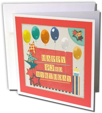 3drose 93º aniversário, balões, cupcake, estrelas, letra de bloco, laranja, verde - cartão de felicitações, 6 x 6, solteiro