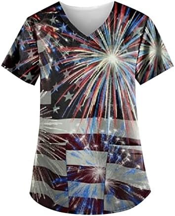 4 de julho Tops for Women American Flag Summer Summer Sleeve V Neck Camisa com 2 bolsos Bloups Holiday Casual Workwear