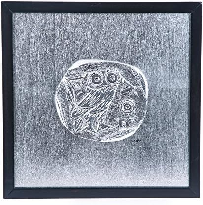 Elitecrafters Athenian Owl Coin ou Coruja de Minerva Moeda, decoração de parede ou mesa emoldurada à mão, Patinada prateada,