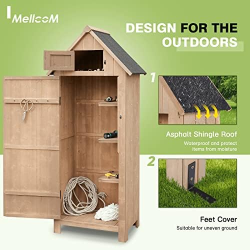 Mellcom Wood Outdoor Storage Shed, galpão de jardim de 70 com portas trancáveis, organizador de galpão de ferramentas resistentes