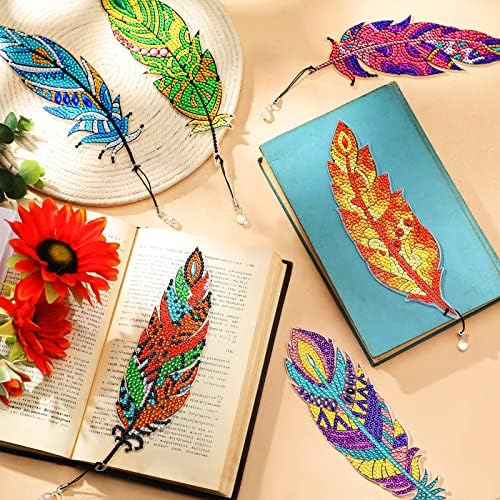 6 pacotes 5d Diamond Painting Bookmarks Diy Feather Bookmarks With Tassel Crystal Rhinestone Pinging Bookmark Acrílico Bookmarks