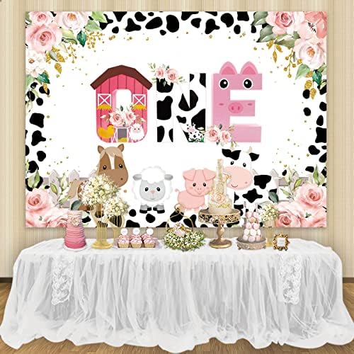 Maijoeyy 7x5ft Fazenda Centro de Aniversário para Girl 1ª festa de aniversário Black e Whiter Cow Farm Animais Feliz Aniversário Penário Rosa Fazenda Aniversário Cenário Crianças Primeiro Birthday Decoration Supplies