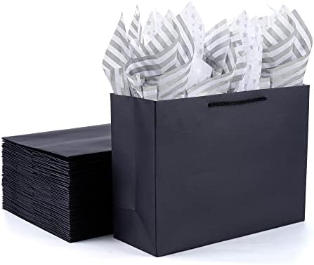 OfficeCastle 10 Pacote sacos de presente pretos extra grandes, sacolas de presente grandes com papel de seda, 16x6x12 polegadas,