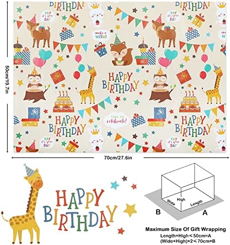 Papel de embrulho de aniversário para crianças meninos meninos, animais design de festas papel embrulhado para chá de bebê de aniversário, 6 lençóis dobrados de 20x28 polegadas por folha