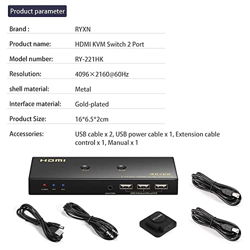 Interruptor HDMI KVM 2 Porta 4k 60Hz, DisplayPort KVM Switch 2 Porta 4k 60Hz, com interruptor de controle de extensão e 2 cabo