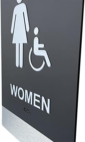 Sinalização compatível com Ada Braille - Placa do banheiro feminino, série executiva - Alumínio escovado, acabamento tátil branco de acrílico preto fosco - [7,25in w x 10,5in h] - Sign Builder Express Express