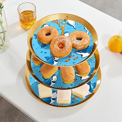 3 Placa de fruta de cupcake de 3 camadas de sobremesa Plástico para servir suporte de exibição para casamento de aniversário Decorações de chá de chá de chá de bebê redondo, tubarão e peixe pequeno