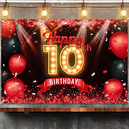 Feliz banner de 10º aniversário de 10º aniversário Red e Black 10 anos de fundo decorações de aniversário para meninos Fotografia FESTIPES GLITTERS GLITTER GLITTER