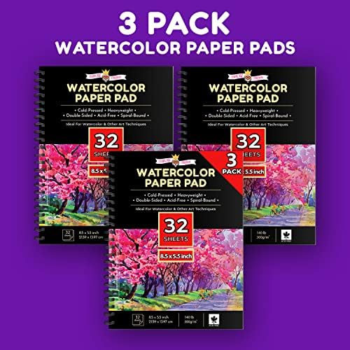 PAPELA ADURICA PAPELO PAPEL BRANCO 3 Pacote 5.5x8.5 ” - Livro de esboço de papel de cor de água - bloco de papel em aquarela, bloco de aquarela, caderno de desenho de papel em aquarela - papel de cor de água para artistas