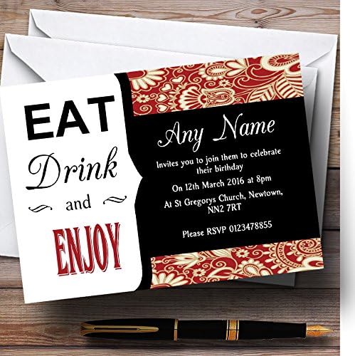 O card zoo vermelho Paisley Eat Drink Drink Convites de festa de aniversário personalizados
