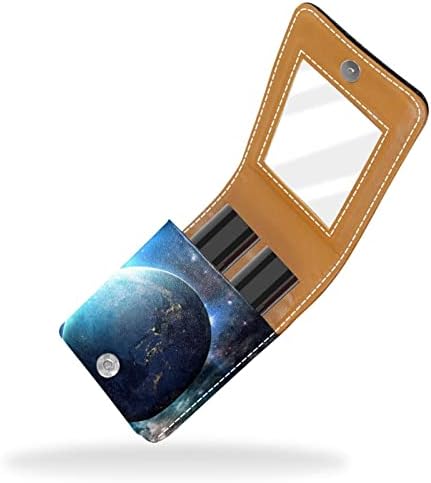 Caixa de batom do Glitter Space Planet para viajar para fora, mini bolsa cosmética de couro macio com espelho, bolsa de organizador
