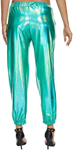 Zaxicht Womens Metallic Shiny Rogger Calça, Casual Coloque Harem Pant colorido Holográfico Hip Hop Streetwear