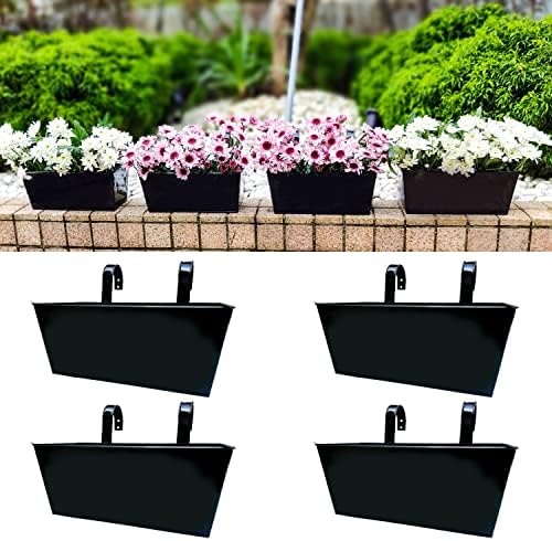 Lalagreen pendurada plantador para trilho - 4 pacote, retângulo de metal preto de 12 polegadas pendurado vasos de flores caçadores de trilho de deck bucket