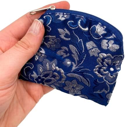Bolsa de rosário de tapeçaria de tom azul e prata, estojo religioso para pingentes de lembrança ou jóias, mini bolsa de tamanho de zíper, 3,75 polegadas