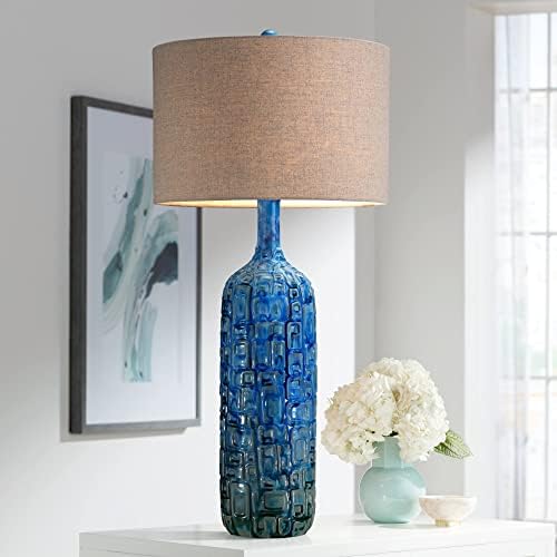 POSTINI EURO Design de meados do século Moderno Lâmpada de mesa Cerâmica azulejo azul -petróleo Alto linho de linho de tambor Decoração