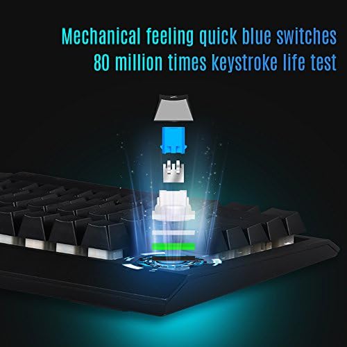 Teclado mecânico RecCazr MF900 com interruptor rápido azul, teclado de jogos mecânicos de retroilumos de LED de 104 teclas com 19 chaves