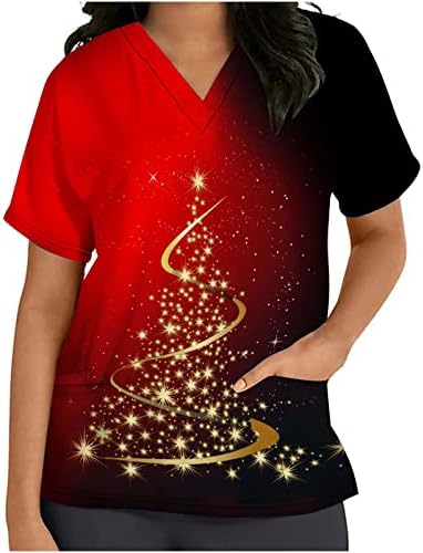 Tshirts de impressão de árvore de Natal para mulheres enfermeiras uniformes de trabalho tops v pescoço de manga curta blusa com bolso