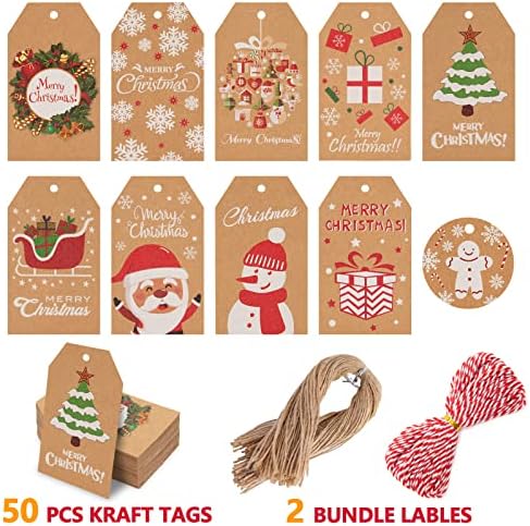 Sacos de presente de Natal, sacos de presente de 40pcs de cordão para presentes com etiquetas de papel Kraft de 50pcs e 2 rolos