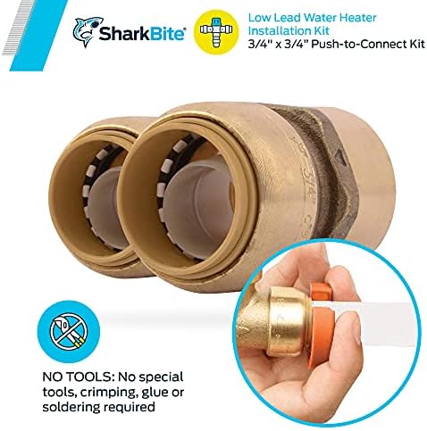 Sharkbite Kit de conexão de aquecedor de água de 3/4 de polegada, Push para conectar acessórios de encanamento de latão, tubo PEX, cobre, CPVC, PE-RT, HDPE, 22441LF