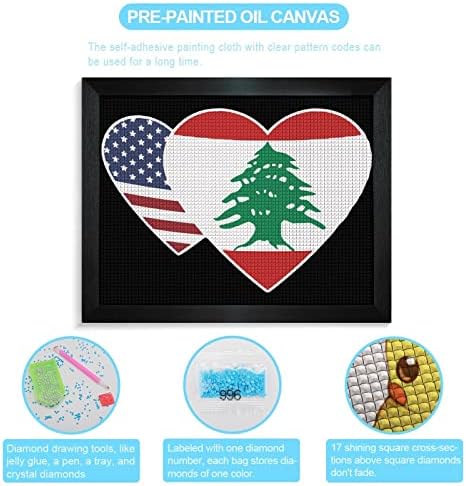 Líbano EUA Flag Heart 5D DIY DILA KITS DIAMENTO PINTURA DO CRISTAL Bordado da parede emoldurada Arte para suspenso para decoração