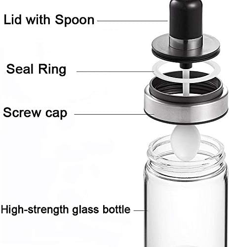Funções de especiarias de vidro com colher de servir, vasilha de armazenamento de pedreiro, garrafa de alimentos de condimento transparente